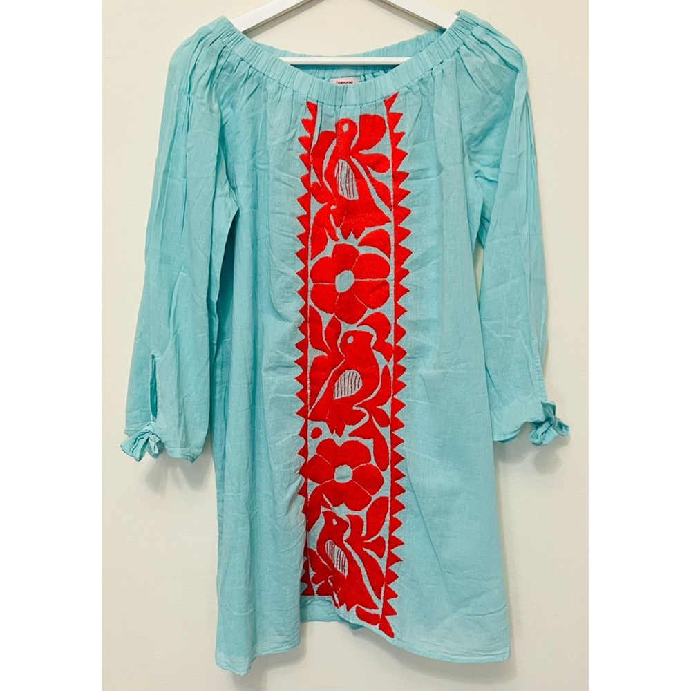 Corazon Sagrado • M • Turquoise Mexican Dress Cover Up Embroidered Bird Flower